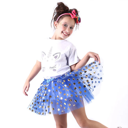 SAIA DE TULE CONFETE AZUL-OURO